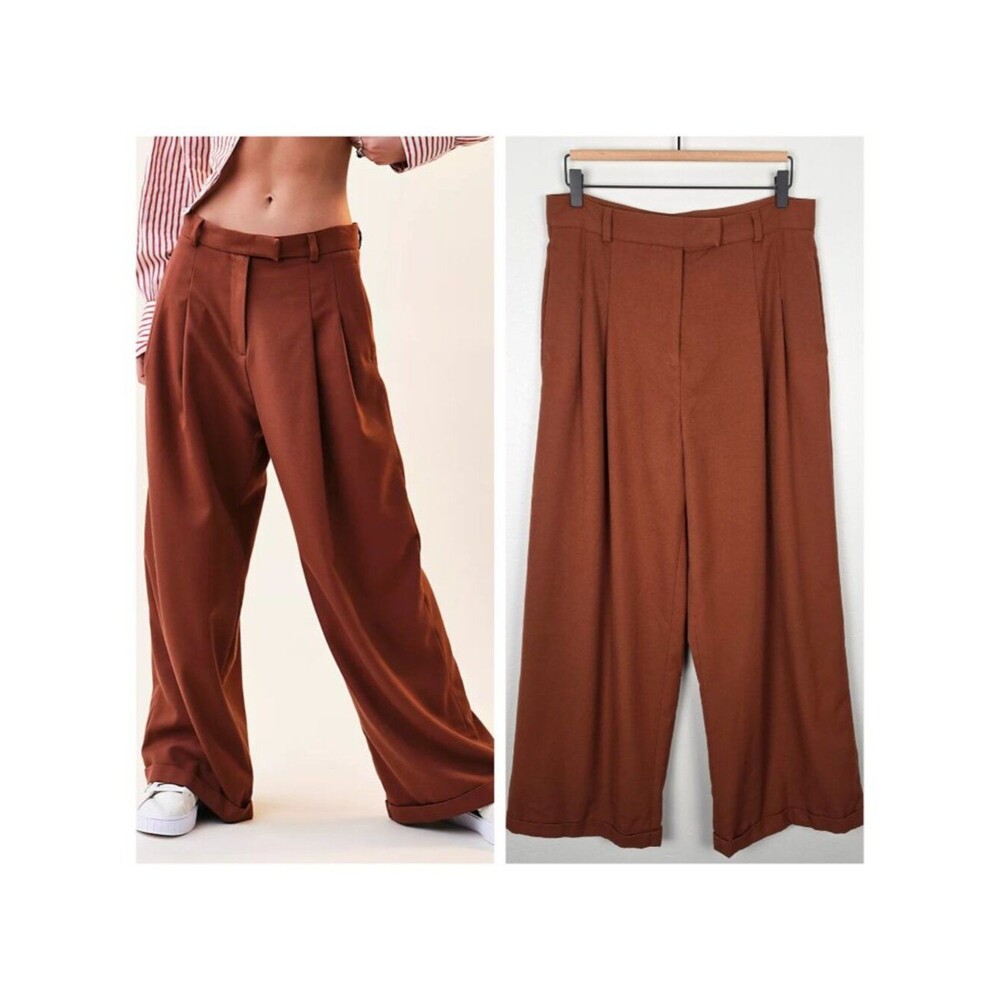 Free People Lyla Trousers Wide Leg Pants Low Rise Slouchy Pleated Brown Size 6